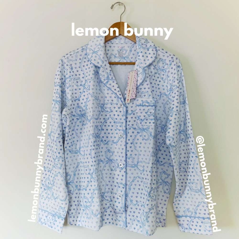 Roller Rabbit x LoveShackFancy Luna Bow Hearts Long Sleeve Polo Pajamas PaleBlue - Picture 3 of 15